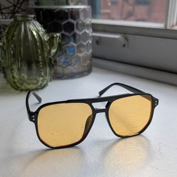 Retro Yellow Aviator Minimalist Festival Sunglasses Grunge Tinted Sunnies Shades - Picture 2 of 7